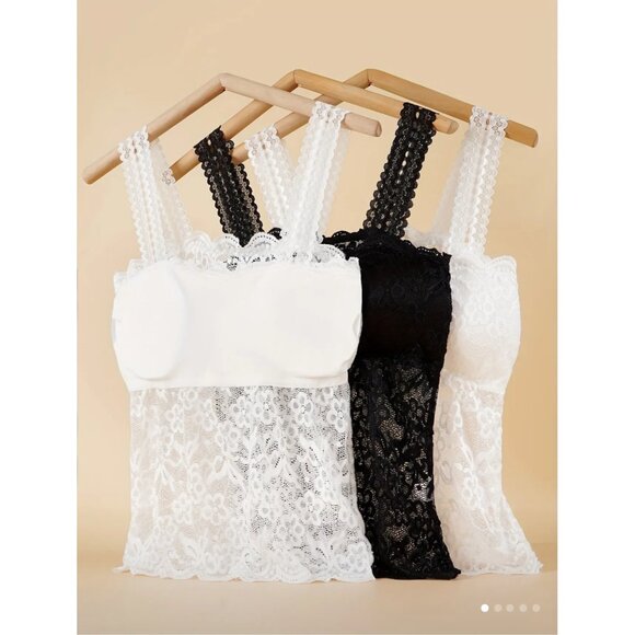 New 3pcs Lace Camisoles Black & White With Chest Pads Stretchy Tank Tops Womens - Picture 4 of 5